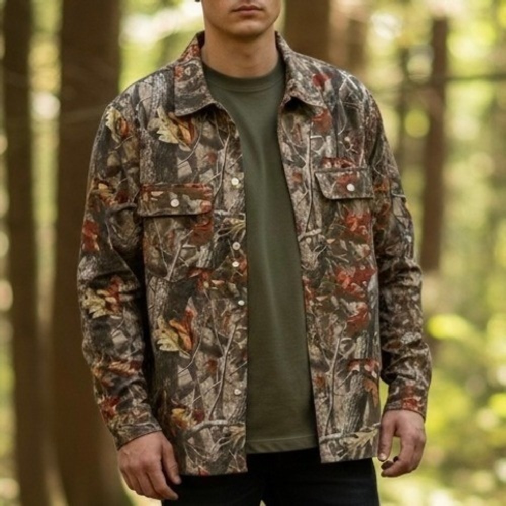 Manfinity Men's Camo Button Up Shirt Jacket Sz Large Real Tree Forest Print NWOT